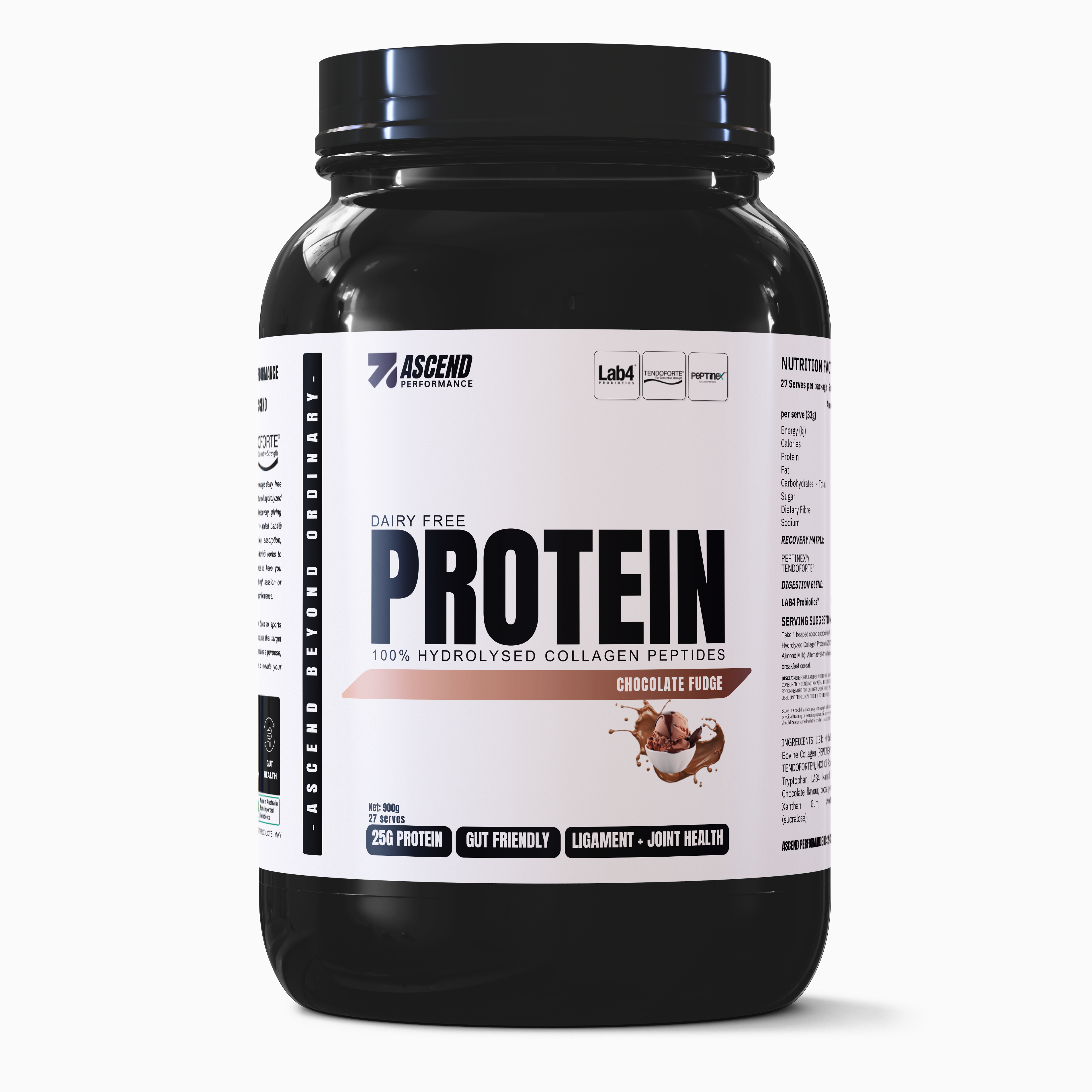 Dairy Free chocolate protein in 30 serve container by Ascend Performance