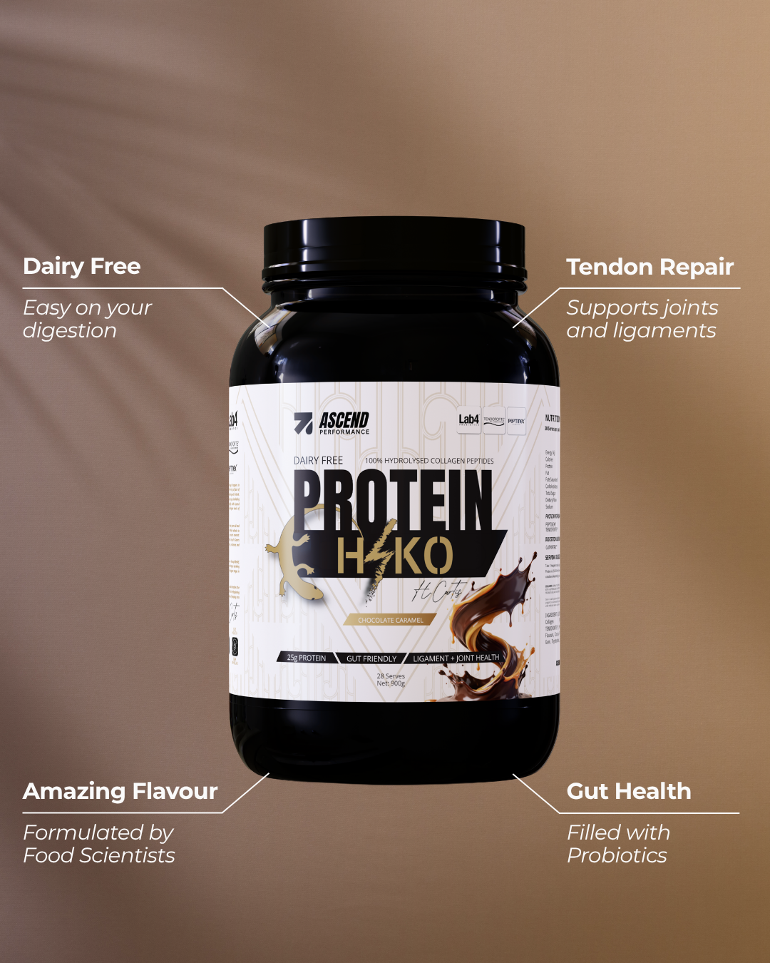 Protein powder container with features highlighted on a brown background