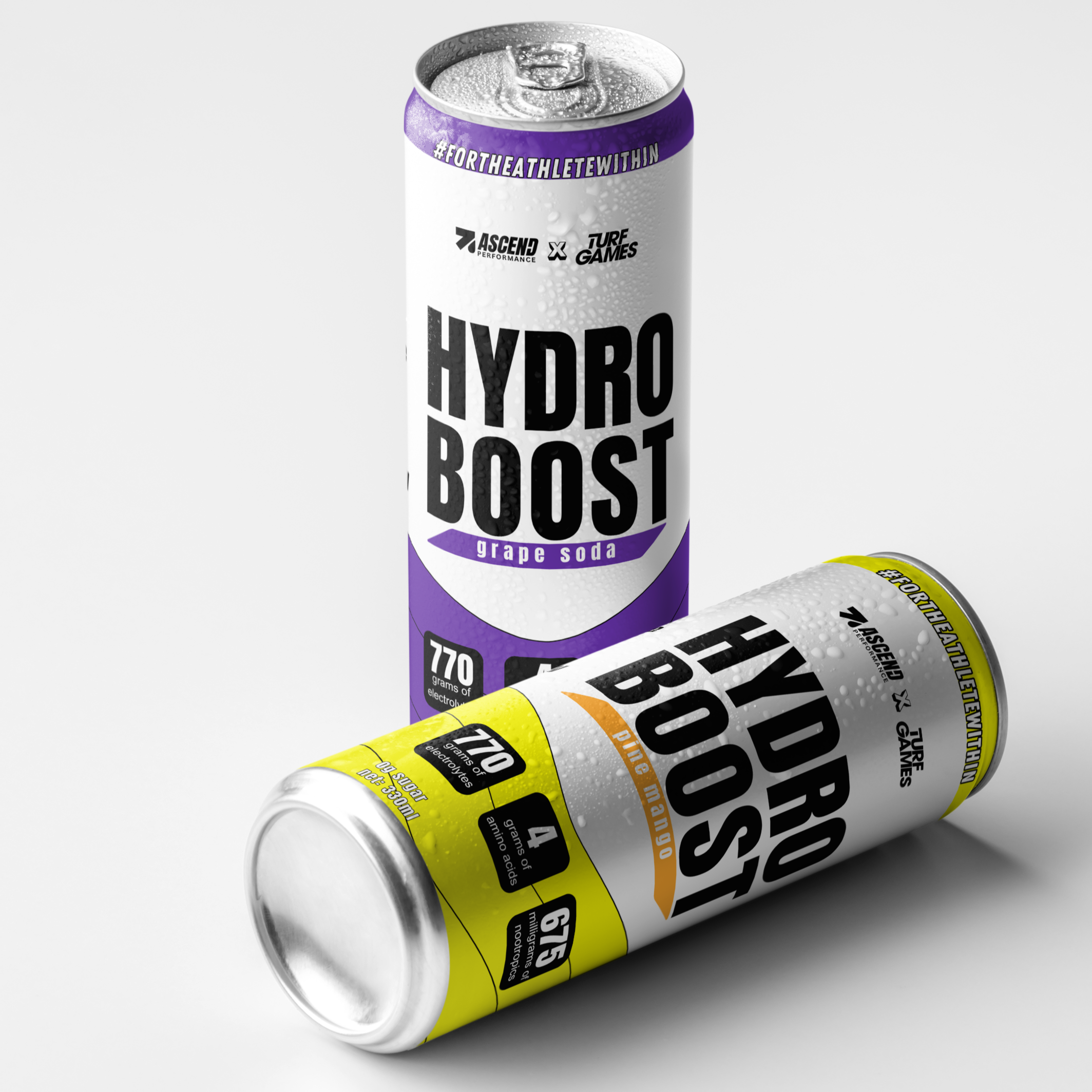 Two Hydro Boost energy drink cans on a white background